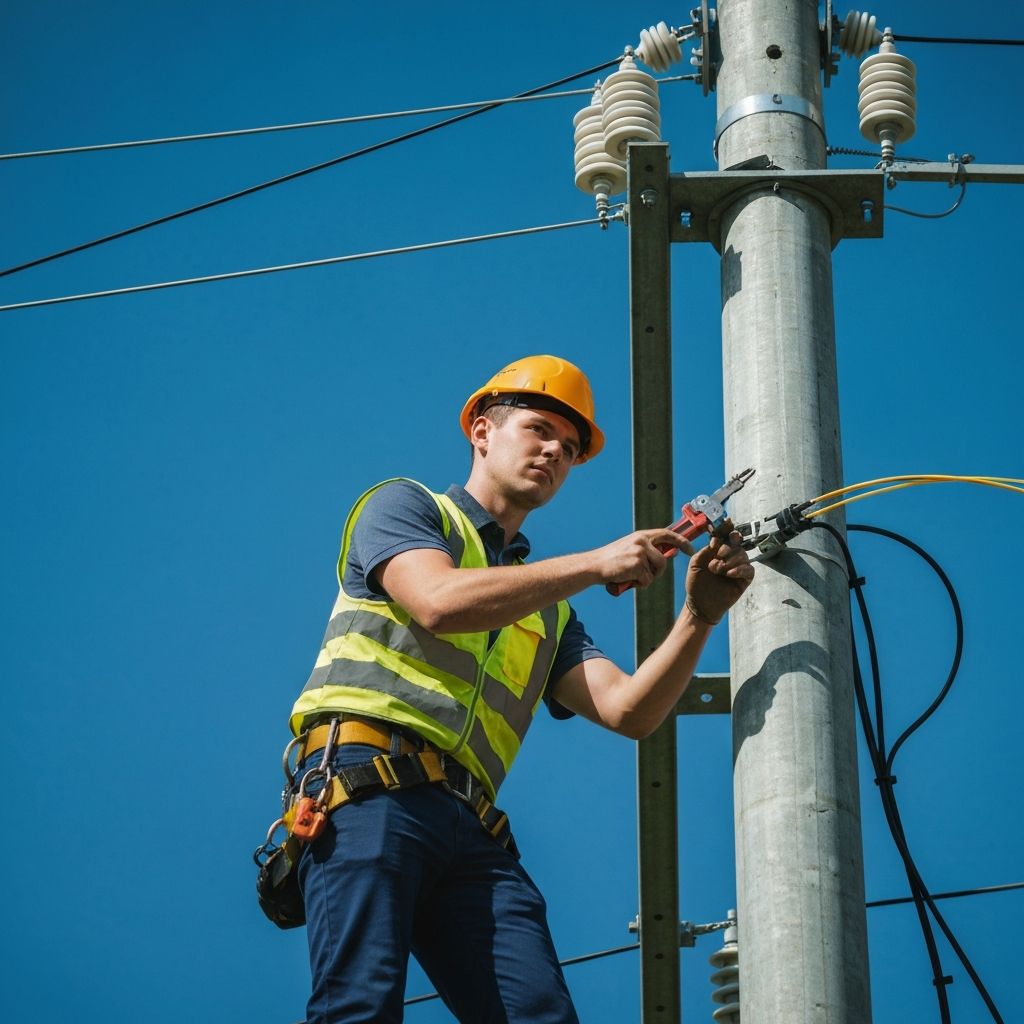 Fibre technician working on overhead pole installation